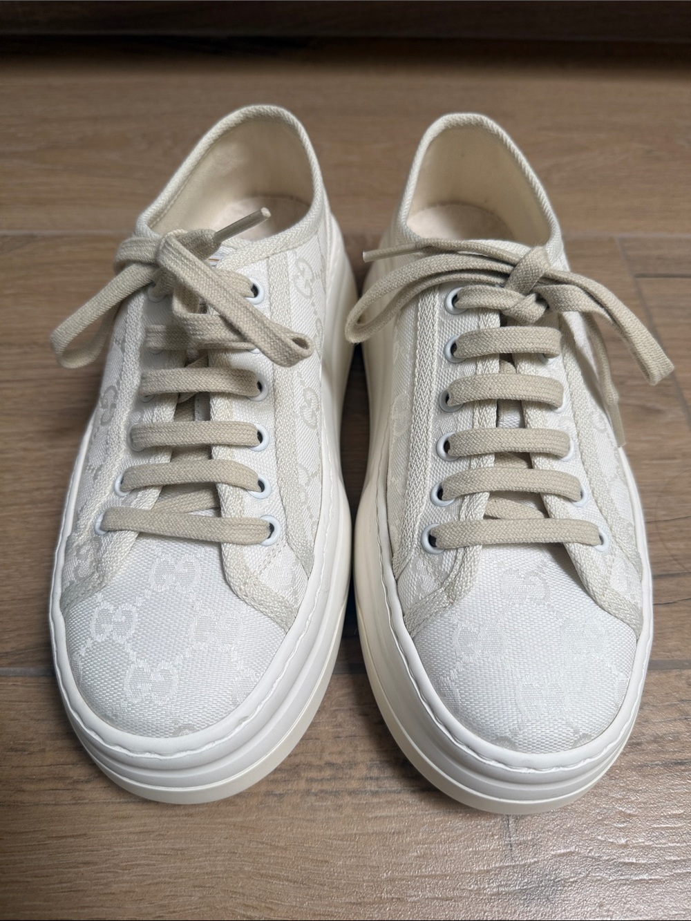 Gucci Tennis 1977 Canvas Sneakers 38 Ladies White GG Thick bottom